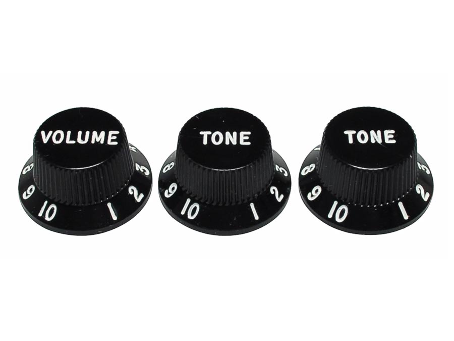 Fender strat knobs for CTS shaft size, 1V + 2T, black